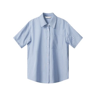 娅可家绿色条纹短袖衬衫女夏季休闲宽松透气不闷职业通勤百搭衬衣