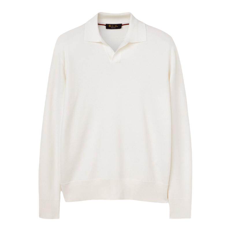 Loro Piana/诺悠翩雅男装马球领长袖白色针织羊毛polo衫