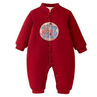 婴儿连体衣冬季加厚拜年服棉花哈衣保暖棉服红色百天宝宝衣服冬装