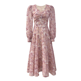 AM NANA法式气质优雅长袖雪纺连衣裙温柔风粉色碎花仙女长裙子