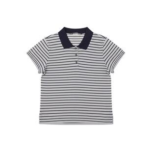 Basic House/百家好藏青色条纹Polo领短袖针织衫女夏季巨好看上衣