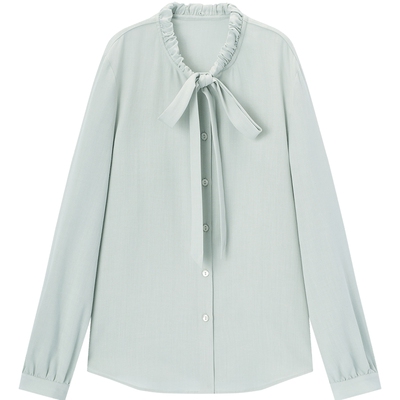 爱居兔含莱赛清新素雅系带领衬衫女2026年春季新款气质长袖上衣