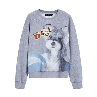 Desigual25秋冬新品灰色雪纳瑞小狗印花套头女士卫衣