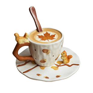 圣诞伴手礼趣味松鼠陶瓷咖啡杯碟送可爱女生生日礼物马克杯子带勺