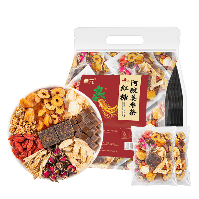红糖阿胶姜参茶红糖姜枣茶玫瑰花茶桂圆黄芪党参补人参泡水喝的