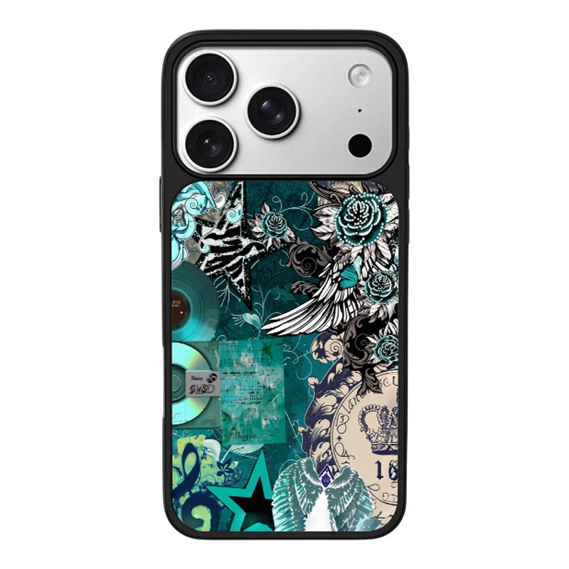 墨绿复古拼贴翅膀玫瑰黑胶适用于苹果17promax新款手机壳iPhone air/16pro/15plus14玻璃13pro小众手机套冰感