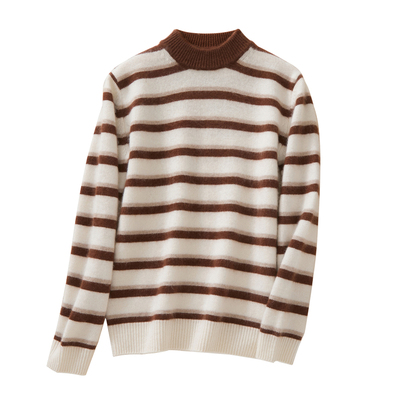 100%纯山羊绒彩条圆领加厚毛衣