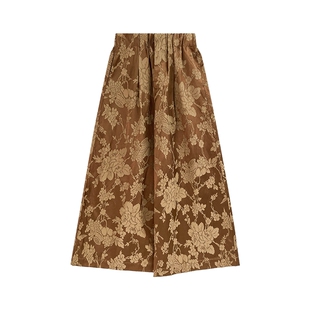 JKJS【步生芳】人丝人棉提花阔腿裤高腰宽松休闲裤垂坠感显瘦裤子