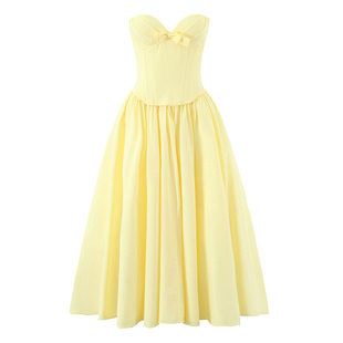 名媛千金名媛V领抹胸鱼骨收腰礼服连衣裙高腰长裙大裙摆蓬蓬裙夏