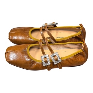 图巴客法式复古水钻方扣姜黄色芭蕾舞鞋女平底浅口玛丽珍单鞋舒适