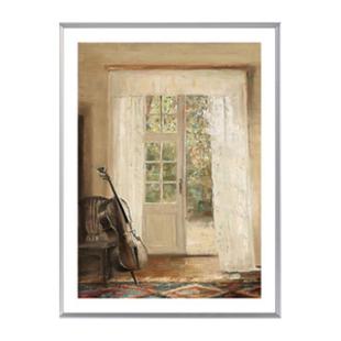 港画 欧式小众复古壁画靠在桌子边的大提琴油画风挂画咖啡厅摆件