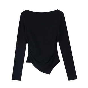 Maven Lin 简构之美|不规则下摆一字肩T恤女气质修身长袖打底上衣