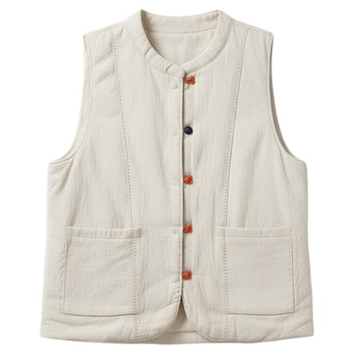 苎麻夹棉外搭复古文艺盘扣马甲女