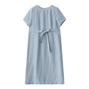 梭家｜唤醒2024｜千鸟格简约经典圆领亚麻短袖连衣裙夏季女直筒裙