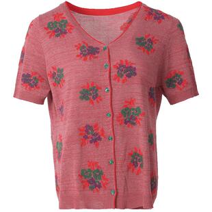 阁兰秀铁锈红提花短袖针织开衫女V领设计感宽松上衣2025夏季新款