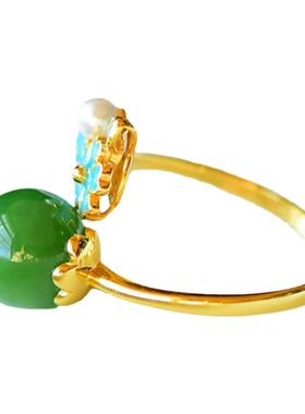 仿青玉碧玉珍珠镀金色珐琅精致古典优雅戒指女气质饰品礼