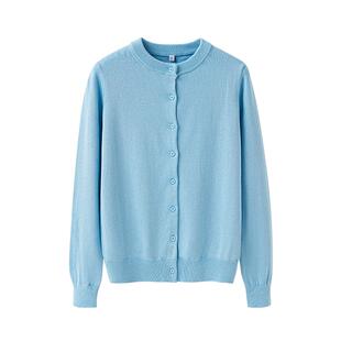纯棉bm针织开衫女春季长袖上衣灰色圆领全棉线薄款蓝色毛衣外套