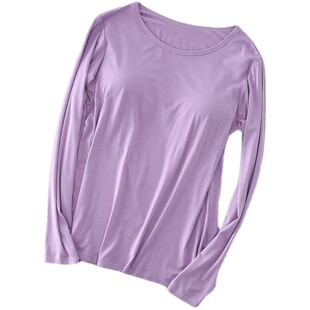 可拆卸罩杯胸垫宽松秋冬女长袖睡衣T恤带插片内衣打底衫后背单层