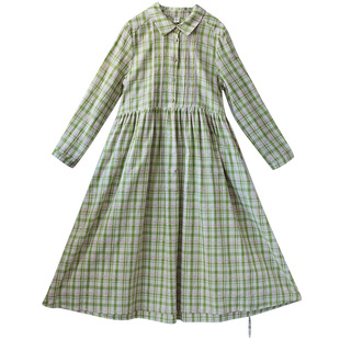 6折【阳光满地】复古衬衣领高腰连衣裙女春季新款色织棉格子长裙