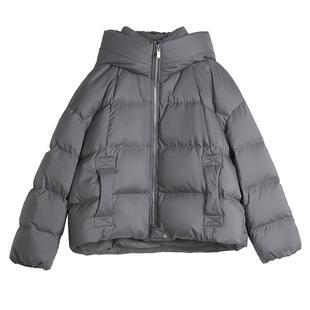 ELLE90鹅绒深灰色短款羽绒服女2025冬季新款简约加厚保暖连帽外套