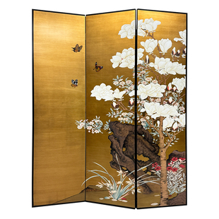 中古风手绘玉兰花金箔屏风宋代中式美学茶室餐厅隔断客厅装饰背景