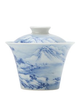 三余作器 寒山骑驴雪景二才马蹄盖碗 青花山水手绘景德镇