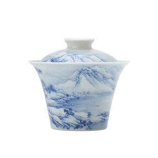 三余作器 寒山骑驴雪景二才马蹄盖碗 青花山水手绘景德镇