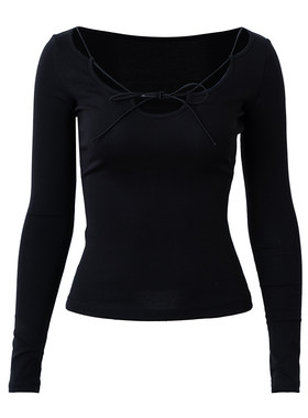 PynkiSwear 驼色/黑色花瓣领镂空系带长袖T恤女修身弹力打底上衣