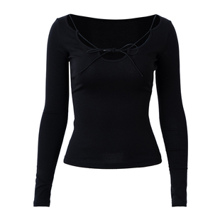 PynkiSwear 驼色/黑色花瓣领镂空系带长袖T恤女修身弹力打底上衣