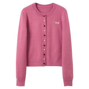 三彩2026春季新款小马绣花针织衫长袖圆领开衫外套上衣S