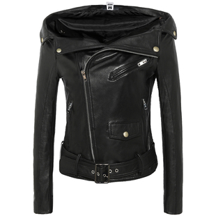 头层绵羊真皮皮衣女漏一字肩修身短款夹克外套时尚性感夜店女装怀