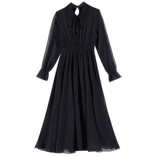 雪纺波点连衣裙女长袖2025新款春秋娃娃领长款收腰显瘦气质打底裙