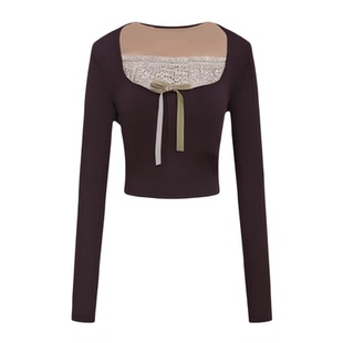 Spliced lace long sleeved square neck top 拼接蕾丝长袖上衣女
