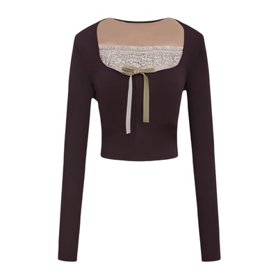 Spliced lace long sleeved square neck top 拼接蕾丝长袖上衣女