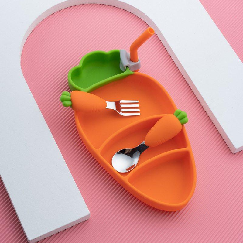 新品 胡萝卜餐盘儿童餐具套装304不锈钢勺叉硅胶吸盘碗辅食分隔碗