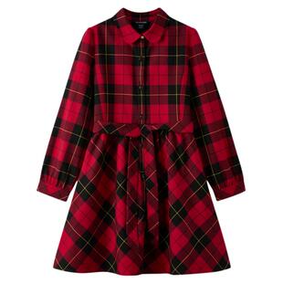 eland kids衣恋童装女童连衣裙冬季学院风格纹翻领裙子