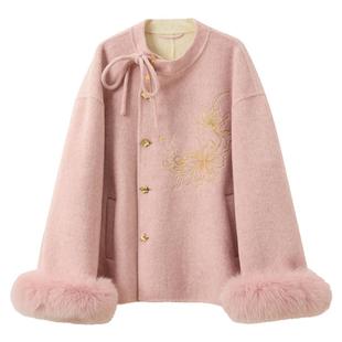 三彩【浅笑嫣然】2025冬季新款绵羊毛双面呢大衣珠绣宽松外套C