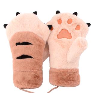 儿童连指挂脖手套冬季保暖加厚加绒可爱萌趣虎爪女童防寒包指学生