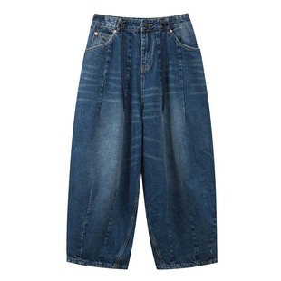 复古风宽松直筒牛仔裤中性蓝色嘻哈休闲阔腿裤春季休闲简约哈伦裤