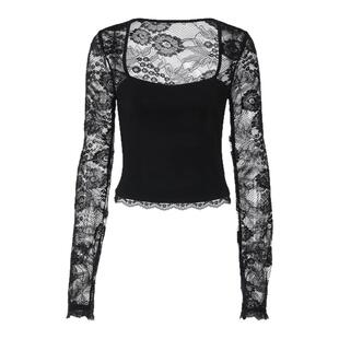 性感蕾丝镂空透视拼接长袖上衣2026初秋新款纯欲辣妹百搭修身T恤