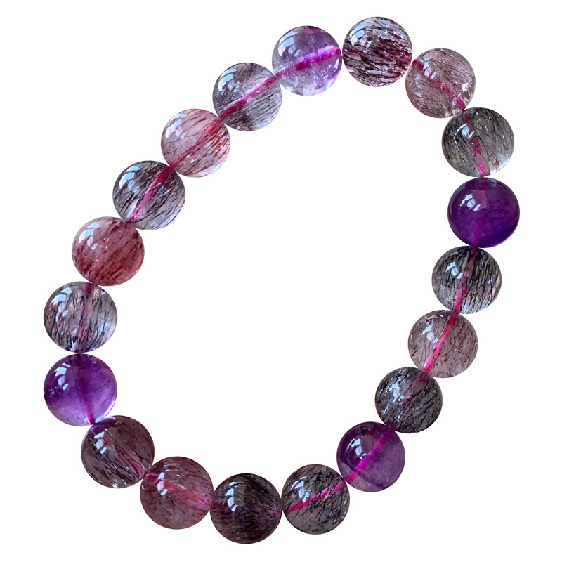 天然三轮骨干超七单圈手链黑加仑紫发晶云母片水晶情侣款手串礼物