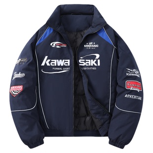 Kawasaki川崎美式复古刺绣机车赛车服极寒户外防风保暖立领羽绒服