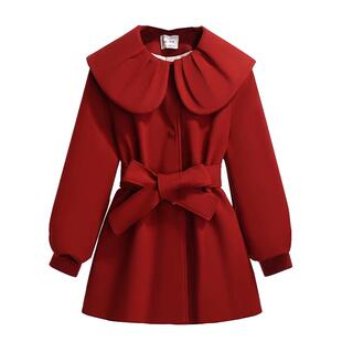 红色小香风娃娃领夹棉加厚呢子外套女2025深秋冬季新款中长款大衣