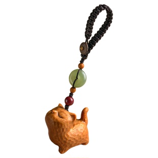 可爱猫咪小猫檀木雕刻汽车钥匙扣挂件防丢挂绳钥匙链玉石手机链女