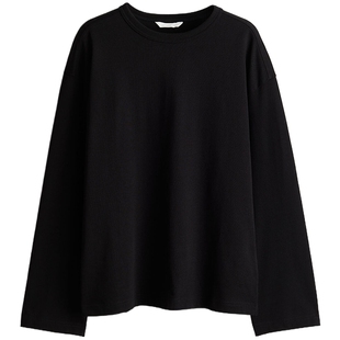 HM女装T恤春季大廓形印花落肩棉质长袖打底衫上衣1243660