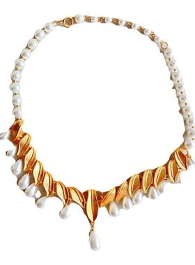 金色树叶古典小众设计珍珠项链