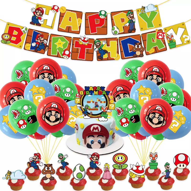 马里奥气球横幅蛋糕插牌超级玛丽mario游戏男孩生日派对装饰用品