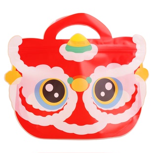 国风醒狮喜庆大号零食糖果礼物手作按压密封包装袋新年伴手礼手提