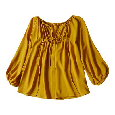 法式黄度假风天丝蝴蝶结褶皱小衫