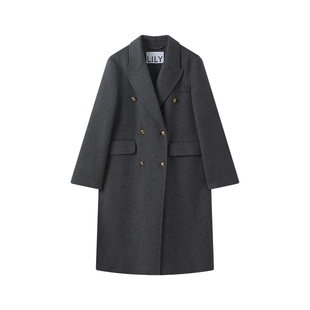 LILY2025冬新款女装羊毛混纺轻奢长款灰色大衣气质通勤毛呢外套